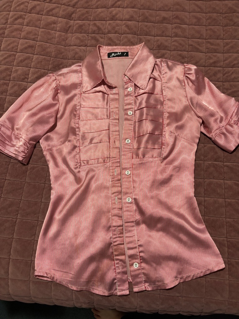 Red  Satin Button-Up Blouse
